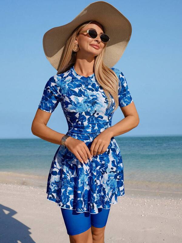 Swim Mulvari 2pcs Women Blue & White Floral Chinoiserie Print Mini Skirt & Camisole Bikini Set, Elegant Casual For Spring/Summer Vacation, Beach, Party