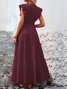 EMERY ROSE Ladies" Solid Color V-Neck Ruffle Sleeve Side Split Summer Dress Maxi Vacation Beach Outfits Women - Maroon - View 2