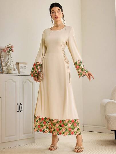 Al Najma 女士优雅花卉蕾丝拼接收腰长裙，端庄优雅，适合度假、春秋季穿着。