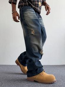 PAVTROS Jeans de pierna ancha casual y versátil para uso diario con diseño desgastado para hombres - Azul - Ver 6