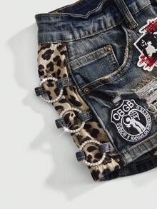 ROMWE Grunge Punk Y2K 夏季女装豹纹拼接徽章刺绣超低腰牛仔短裤 - 藍色 - 查看 4