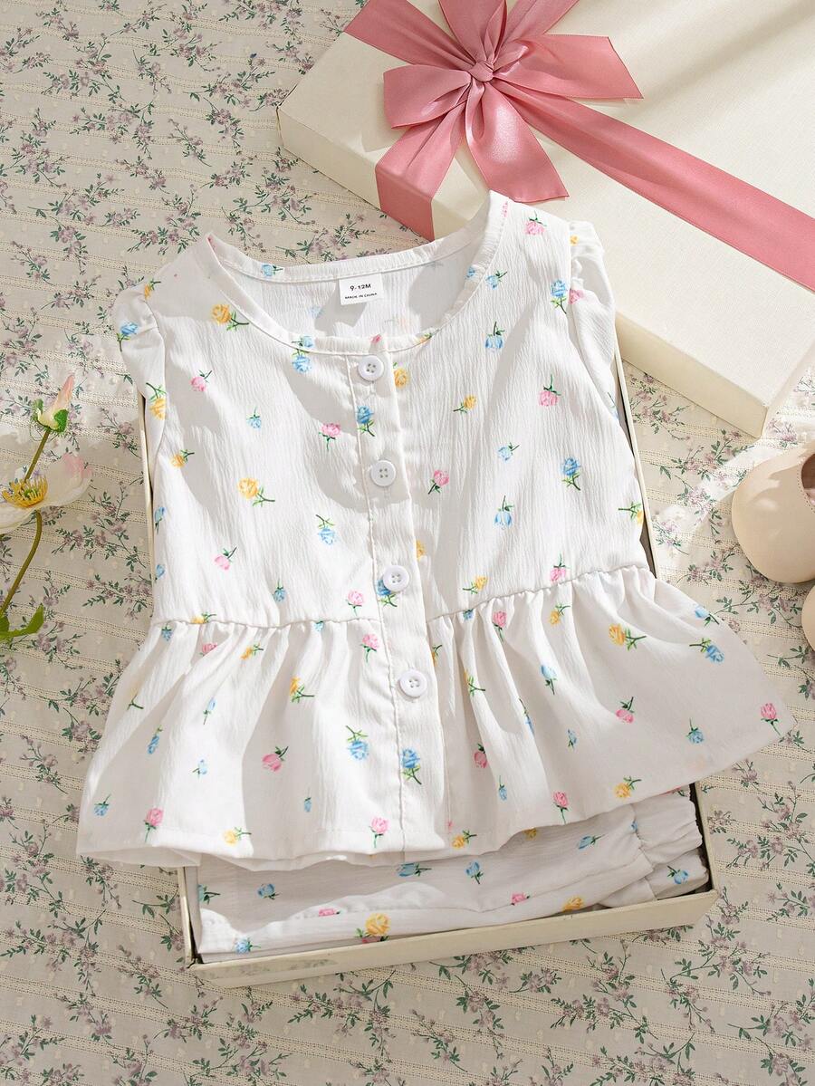 Souflis Souflis Bộ 2 món cho bé gái: Áo cổ tròn tay phồng viền bèo và quần short, kiểu Pháp, dễ thương và thoải mái, thích hợp cho đi chơi, đi học và nhiều dịp khác. - Nhiều màu - Xem 1