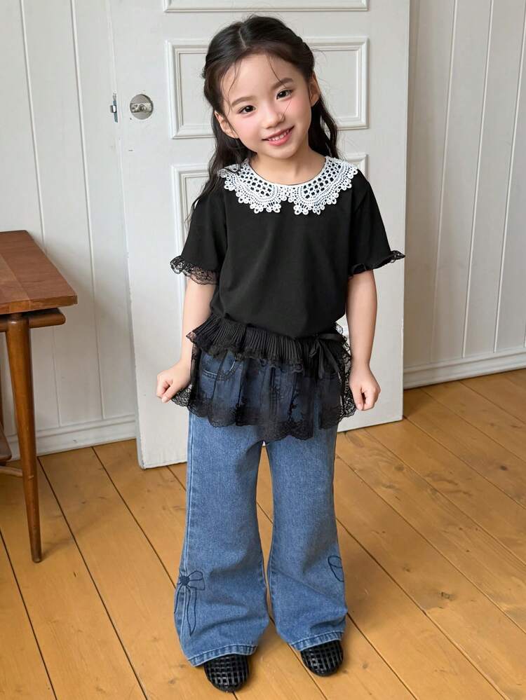 Young Girl Colorblock Lace Patchwork Round Neck Elegant Short Sleeve T-Shirt Summer