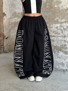POPSWAY TreetHx Elastic Waist Pants Set, Letter Print, Women Street Style - Black - View 5