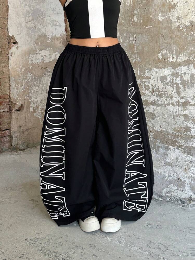 POPSWAY TreetHx Elastic Waist Pants Set, Letter Print, Women Street Style - Black - View 4