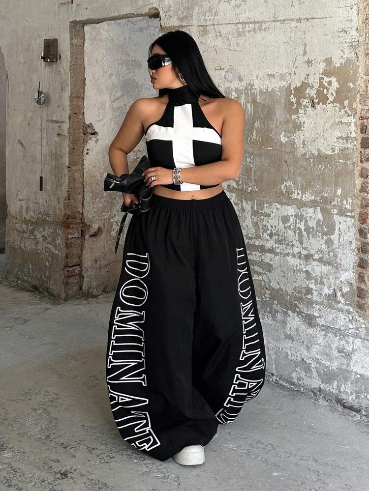 POPSWAY TreetHx Elastic Waist Pants Set, Letter Print, Women Street Style - Black - View 5