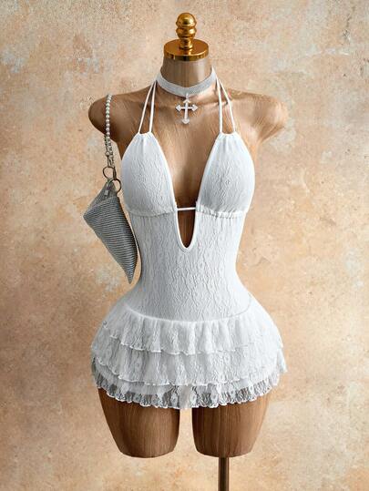 Mistrie Women's Lace Patchwork Solid Color Halter Backless Jumpsuit