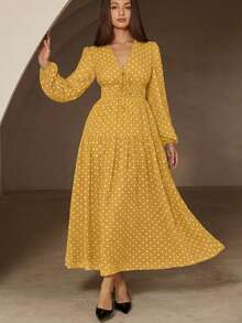 Revavyn Đầm chiffon dài tay, cổ chữ V chấm bi cổ điển, dáng suông, thanh lịch, thắt nơ phía trước, chất liệu 18g. - Màu vàng - Xem 5