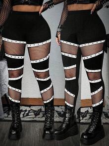 Whyspr 大码女式朋克风网眼拼接金属孔眼松紧腰紧身打底裤 - 黑色 - 查看 1