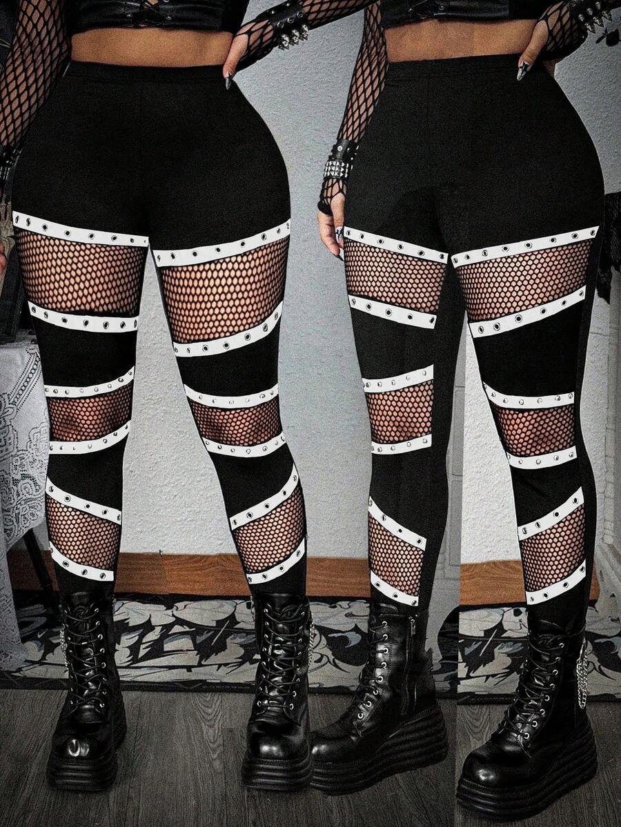 Whyspr 大码女式朋克风网眼拼接金属孔眼松紧腰紧身打底裤 - 黑色 - 查看 1