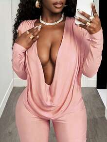BamGleam 女士时尚性感纯色深V领长袖连体裤，秋季 - 粉色 - 查看 5