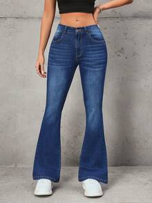 SHEIN Tall Tall Waist Fashion Washed Elastic Skinny Flare Jeans - Dark Wash - View 1