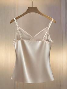 Franclia 极简性感交叉荷叶边不对称下摆针织吊带背心 - 杏色 - 查看 2