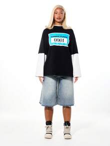 SUMWON WOMEN Oversized Contrast Long Sleeve Graphic T-Shirt With White Layered Sleeve Detail And Front Number Print For Casual Winter Streetwear - Black - View 3