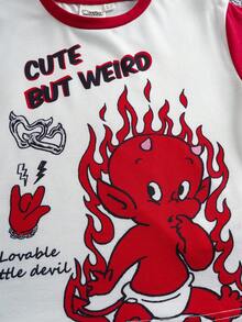 SHEIN HOT STUFF Young Boy Casual Cartoon & Letter Graphic Colorblock Round Neck Short Sleeve T-Shirt, Summer - White - View 4