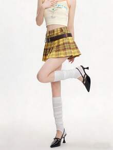 Rina Fox 女士格子搭扣短款褶裥A字裙，学院风 - 黃色 - 查看 4