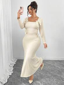 Elenzga Plus Size Soft Knit Fabric V-Neck Long Sleeve Waist Pleated Ruched Fishtail Hem Bow Decor Dress, Elegant For Outings, Gatherings, Dates, Formal Events - Apricot - View 3