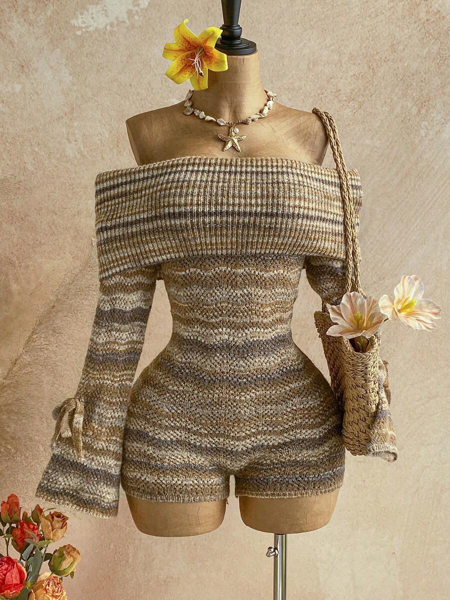 Soleia Women's Minimalist Off-Shoulder Knit Jumpsuit, Everyday Wear - Multicolor - View 1