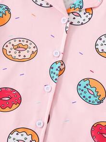 1. 女童甜甜圈印花短袖休闲宽松两件套睡衣，翻领开衫短袖短裤家居服，粉色甜甜圈印花儿童睡衣，可爱卡通宽松女童两件套 - 粉色 - 查看 5