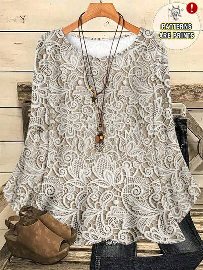 EMERY ROSE 大码女式休闲印花圆领宽松七分袖衬衫，秋冬季