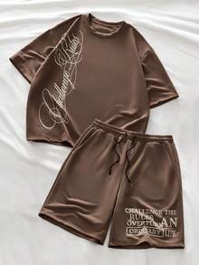 AXEPEAK Men's Simple Print Short Sleeve T-Shirt And Shorts Set - Coffee Brown - View 9