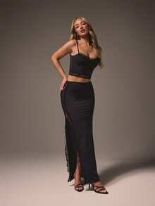 MISSGUIDED Lace Trim High Waist Bodycon Maxi Skirt With Side Split Detail Evening Party Long Skirt - Black - View 5