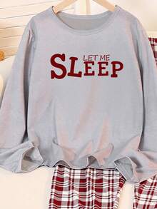 SHEIN 少女睡衣套装，韩式简约英文“SLEEP”印花圆领长袖上衣和格子宽松舒适裤子，两件套睡衣，返校时尚 - 灰色 - 查看 3