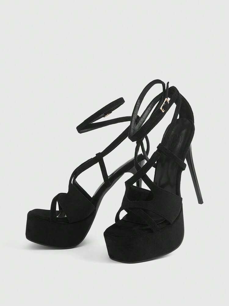 CUCCOO LuxiPop Women Shoes Spring Summer Cross Strap Open-Toed Square Head Thin Ultra High Heel 14.5cm Suede Solid Color Sexy Nightclub Style Runway Catwalk Platform Women's High Heel Sandals Party