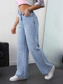 SHEIN ICON Plus Size Women Casual Pocket Straight Leg Jeans - Light Wash - View 4