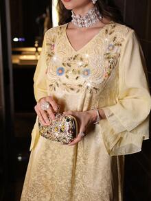 Đầm kiểu Ả Rập thanh lịch với tay áo xếp tầng hai lớp và cổ áo đính hạt, thích hợp cho mùa xuân/hè. - Màu be - Xem 4