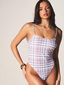 MISSGUIDED Plaid Check Print One Piece Swimsuit With Straight Across Neckline And Ruched Detailing For Beach Vacation Summer Holiday Pool - Multicolor - View 4
