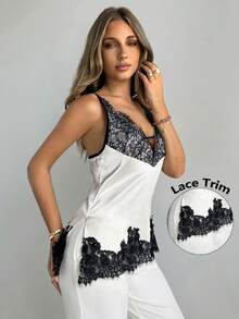 Siren Gaze 女士优雅蕾丝拼接撞色吊带背心，适合夏季通勤 - 杏色 - 查看 4