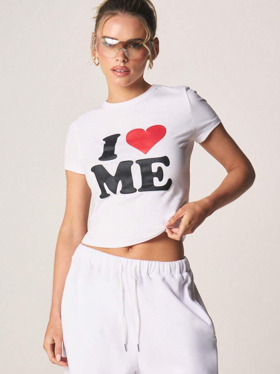 MISSGUIDED 我爱我自己图案印花短袖圆领纯棉T恤，表达自爱励志宣言，休闲夏季上衣 - 白色 - 查看 1
