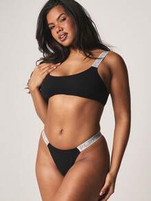 Missguided x Playboy Diamante Strap Scoop Neck Bra With Thong Panty Set Rhinestone Embellished Lingerie Collection For Valentine's Day - Black - View 1