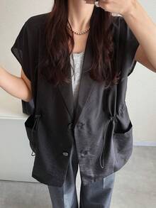 FRIFUL Women's Solid Color Drawstring Commuter Blazer - Black - View 4