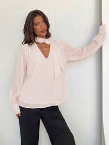 Aloruh Women's Elegant Commuter Chiffon Deep V-Neck Tie Long Sleeve Blouse - Baby Pink - View 6