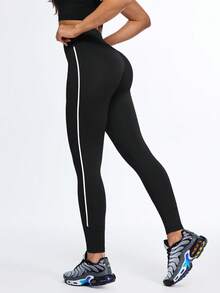 Eassivo Eassivo Women's High Waist Letter Print Contrast Piping Butt Lifting Shapewear Leggings - Black - View 2