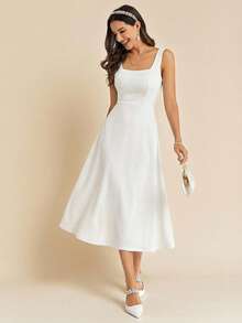 Amorya Women's Solid Color Square Neck Sleeveless Simple Design Elegant Dress ,Summer Dress,Elegant Dress - White - View 7