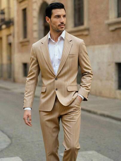 HIMLAND Conjunto de traje casual de moda de manga larga con cuello de solapa a rayas para hombres, traje beige casual para hombres, traje caqui casual para hombres, traje de lino para hombres, traje de verano para hombres, traje color tostado para hombres, conjunto de vacaciones para hombres, traje de verano para hombres, traje caqui para hombres, traje beige para hombres
