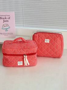 Red Grid Makeup Bag, Portable Quilted Checkered Toiletry Pouch With Large Capacity For Travel - Red - View 1