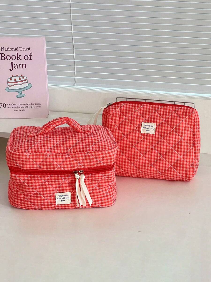 Red Grid Makeup Bag, Portable Quilted Checkered Toiletry Pouch With Large Capacity For Travel - Red - View 1