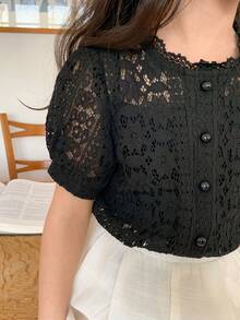 DAZY 女童圆领蕾丝泡泡袖可爱甜美衬衫 - 黑色 - 查看 8