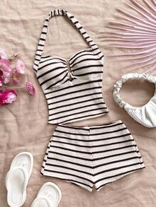 Soleia 女士度假条纹吊带上衣和短裤两件套 - 紅白色 - 查看 1