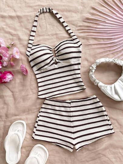 Soleia 女士度假条纹吊带上衣和短裤两件套