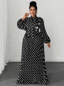 Maweii Plus Size Women Elegant Romantic Delicate French Polka Dot Wedding Guest V-Neck Chiffon Ruffle Puff Sleeve Cinched Waist Pleated Flowing Maxi Dress Black Polka Dot Dress Polkadot Dress Modest Dress Black And White Polkadot Dress Long Sleeve Polka Dot Dress Black And White Polka Dot Dress Polka Dot Maxi Dress - Black and White - View 4