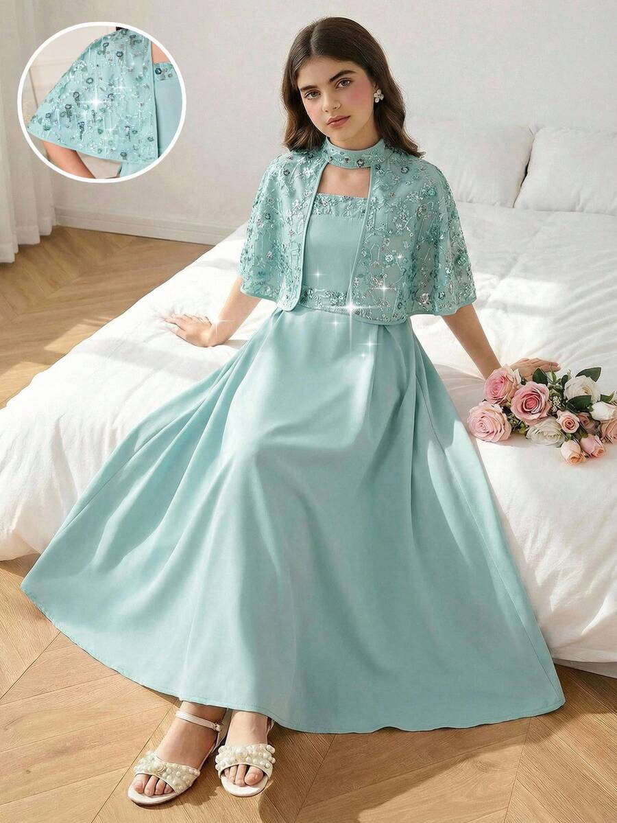 2 pezzi Set Jalabiya per Ramadan - Abito da ragazza con scialle, abito lungo senza maniche con decorazioni in paillettes, abito elegante da cerimonia con cintura in vita, tessuto lucido e strutturato - Menta Verde - Visualizzare 1