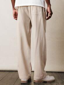 SUMWON Pantalones casuales de algodón beige con ajuste relajado, cordón y pierna ancha, con detalle de logotipo con texto - humo gris - Ver 2