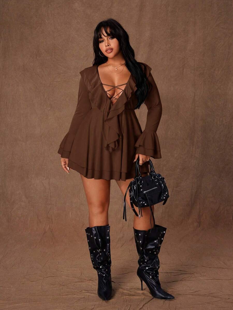 Rustia Sexy Ruffle Tie Strap Bodycon Mini Dress, Unique Design, Flattering Fit, Long Sleeve, Vacation Style - Brown - View 1