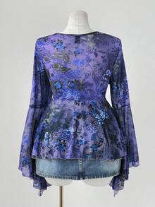 Sunspun 大码休闲复古印花V领蕾丝边喇叭袖上衣 - 彩色 - 查看 2