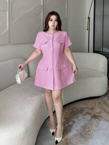 Vibekara Plus Size Round Neck Short Sleeve Elegant Front Button Summer Dress - Pink - View 6